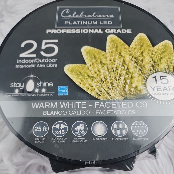 25 LED Faceted C9 Indoor Outdoor Celebrations Warm White Party String Lights - Picture 2 of 4